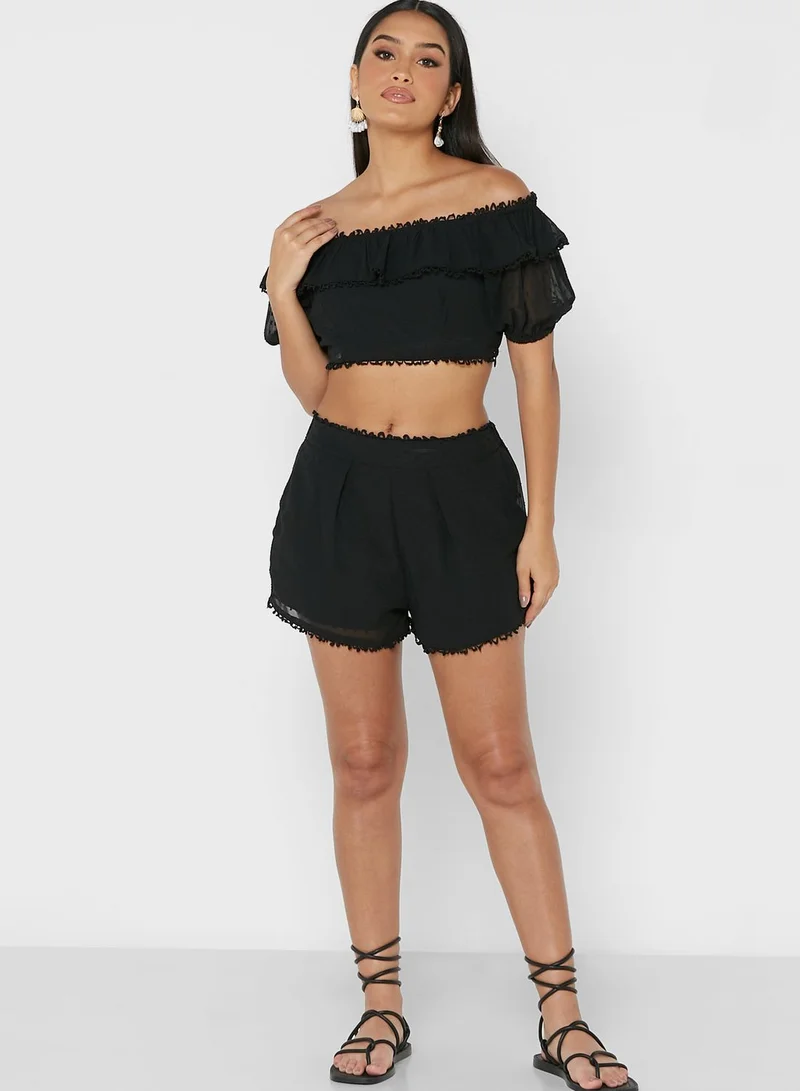 boohoo Bardot Lace Trim Crop Top & Shorts Set