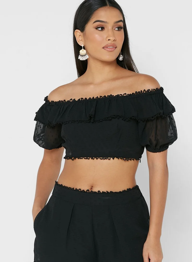boohoo Bardot Lace Trim Crop Top & Shorts Set