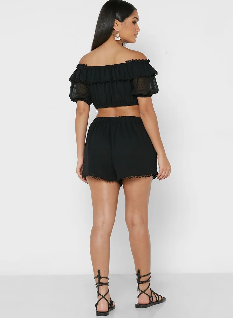 boohoo Bardot Lace Trim Crop Top & Shorts Set