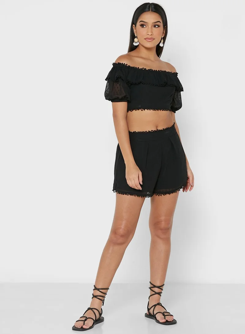 boohoo Bardot Lace Trim Crop Top & Shorts Set