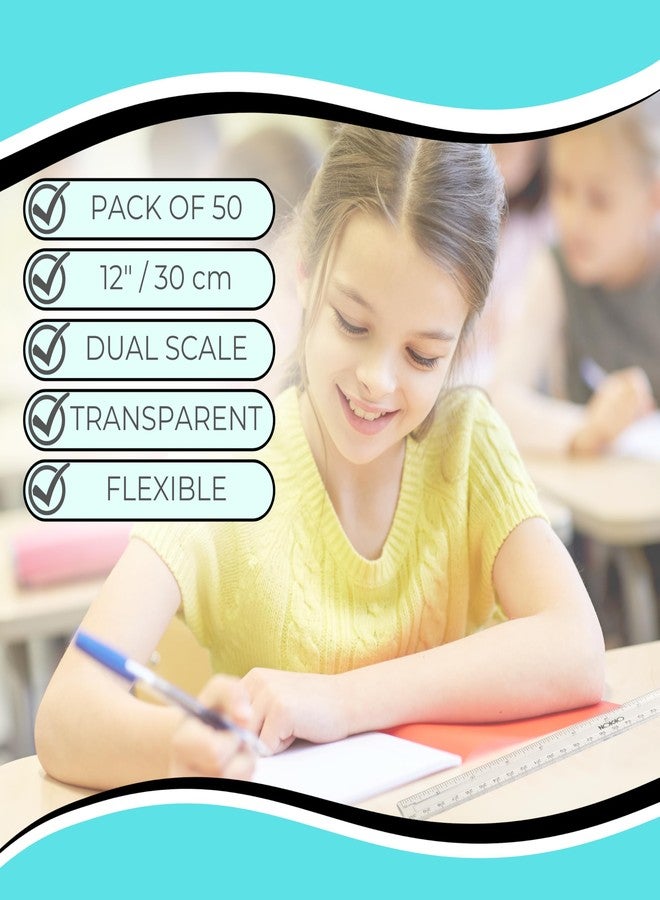 NOKKO Rulers Bulk for Classroom - Pack of 50 - Clear Plastic Ruler 12 Inch / 30 cm - Transparent School Ruler with Inches and Centimeters - Back to School Supplies for Kids, Students and Teachers - Image 2