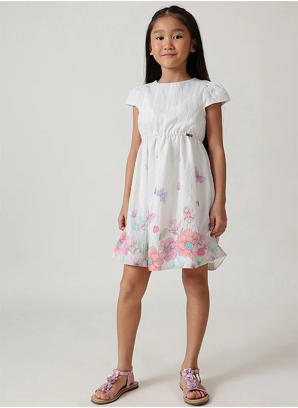 One Friday One Friday Girls Off White Fitted & Flared Cap Sleeve Butterfly Floral Print Dress
