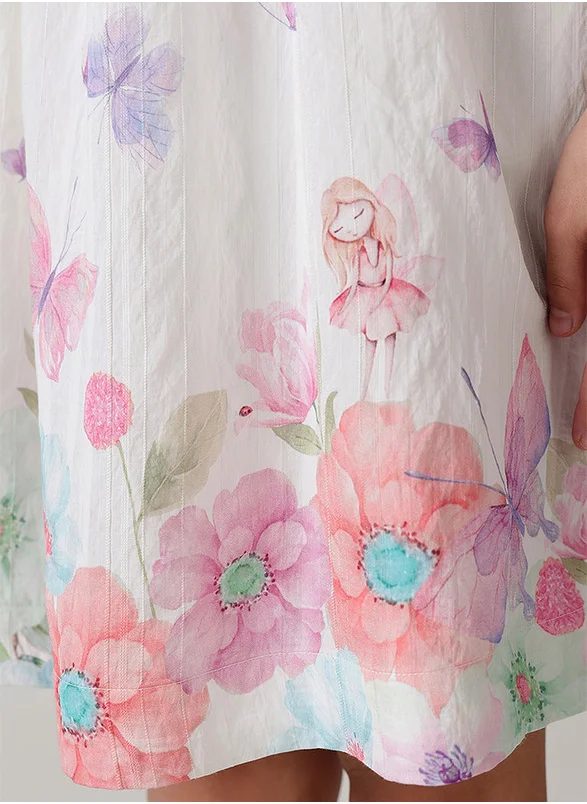 One Friday One Friday Girls Off White Fitted & Flared Cap Sleeve Butterfly Floral Print Dress