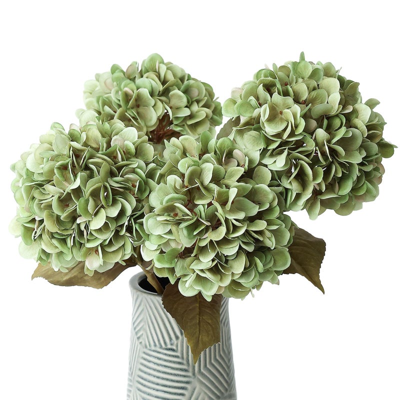 Mizii 4Pcs Green Artificial Hydrangea Flowers Large Fake Silk Hydrangea Flower With Leaves Stems Realistic Faux Hydrangeas Decorations For Wedding Table Centerpieces Vase Home Decor (Green) - Image 1