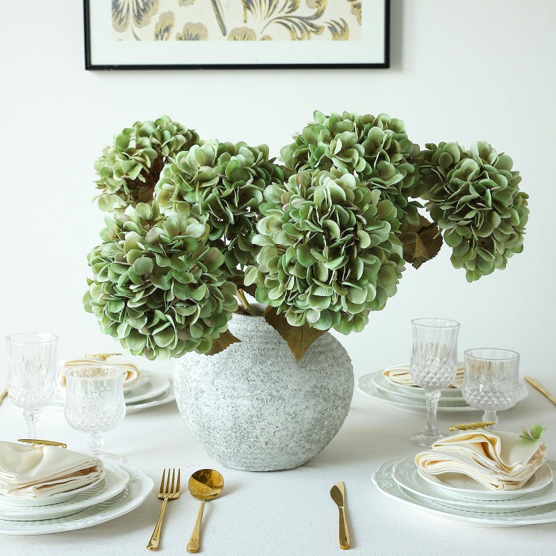 Mizii 4Pcs Green Artificial Hydrangea Flowers Large Fake Silk Hydrangea Flower With Leaves Stems Realistic Faux Hydrangeas Decorations For Wedding Table Centerpieces Vase Home Decor (Green) - Image 3