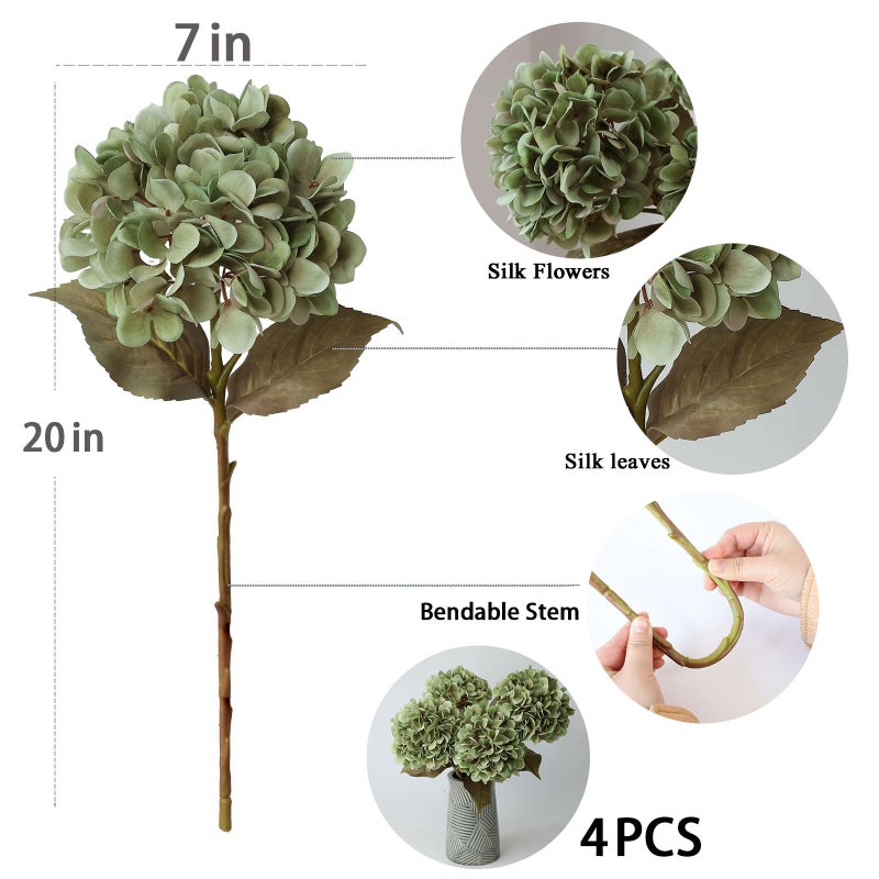 Mizii 4Pcs Green Artificial Hydrangea Flowers Large Fake Silk Hydrangea Flower With Leaves Stems Realistic Faux Hydrangeas Decorations For Wedding Table Centerpieces Vase Home Decor (Green) - Image 2
