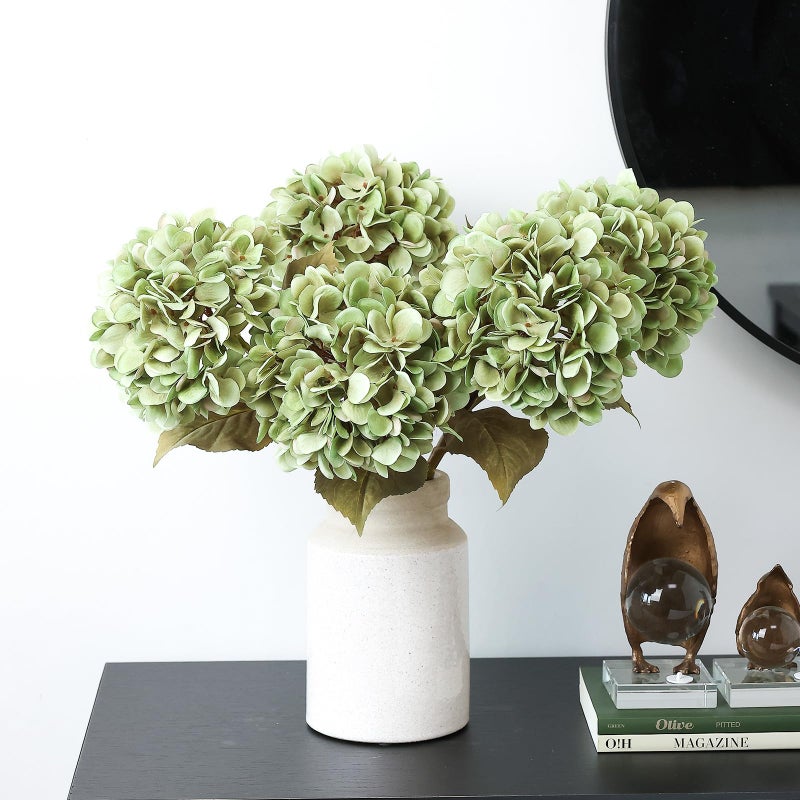 Mizii 4Pcs Green Artificial Hydrangea Flowers Large Fake Silk Hydrangea Flower With Leaves Stems Realistic Faux Hydrangeas Decorations For Wedding Table Centerpieces Vase Home Decor (Green) - Image 5