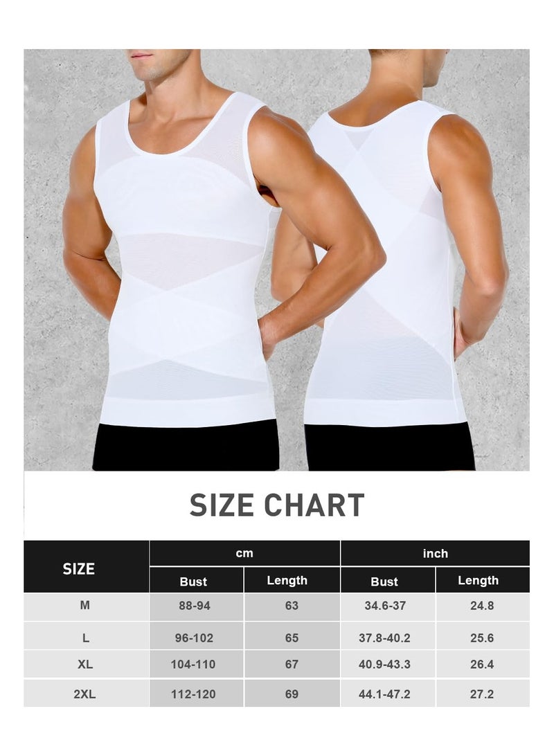 SOLARAE Compression Shirts for Men Slimming, Workout Mesh Tank Top Undershirts Shapewear Tight Tummy Underwear, Sleeveless Slimming Vest Men, White - L Size - Image 4