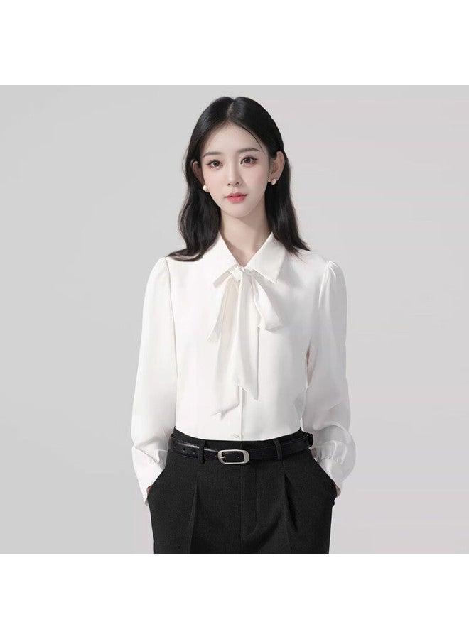 Teluoman 1 Wear 2 Detachable Bow White Blouse, Women's Long-sleeve Professional Outfit, Formal Top, Interview Shirt - Image 1