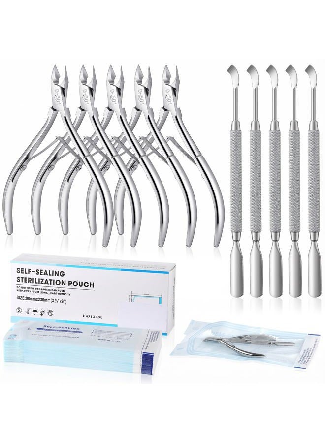Lothee 10 Pack Cuticle Trimmer with Pusher 200 Count Self Sealing Sterilization Pouches, Professional Stainless Steel Cuticle Nipper Remover Cutter Manicure Pedicure Tools Kit for Home Salon Nail Care - Image 1