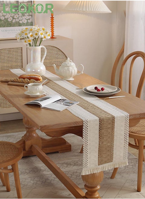 Natural Burlap Splicing Cotton Boho Table Runner with Tassels 30*180CM