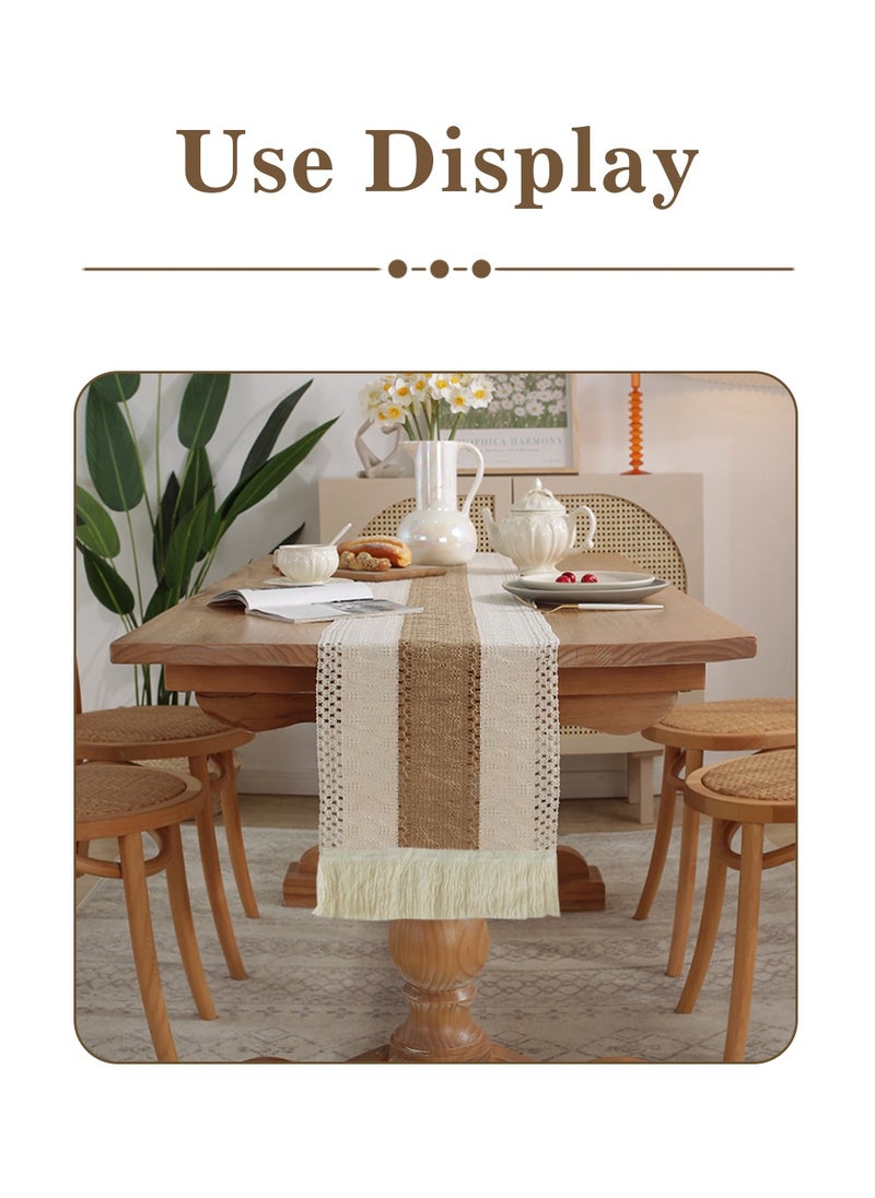 LEOKOR - Natural Burlap Splicing Cotton Boho Table Runner with Tassels 30*180CM - Image 1