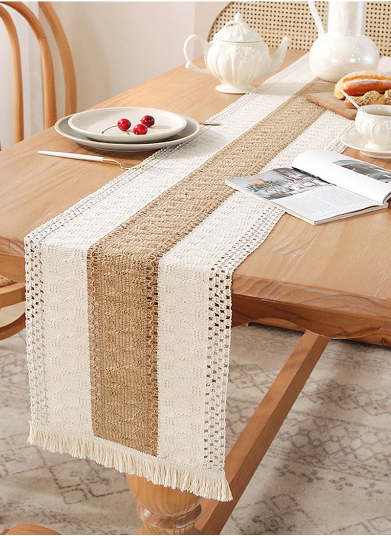 LEOKOR - Natural Burlap Splicing Cotton Boho Table Runner with Tassels 30*180CM - Image 1