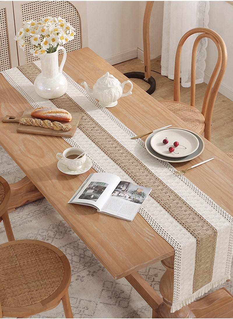 LEOKOR - Natural Burlap Splicing Cotton Boho Table Runner with Tassels 30*180CM - Image 1