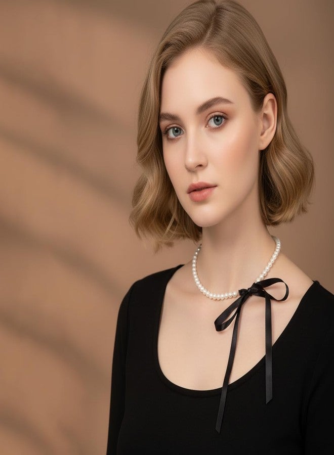 RECTYO GALLERY 1 Pcs Premium Elegant Boho Faux-Pearl Choker Necklace with Ribbon Bow Detail - A Trendy Beaded Necklace Jewelry for Women - Image 2