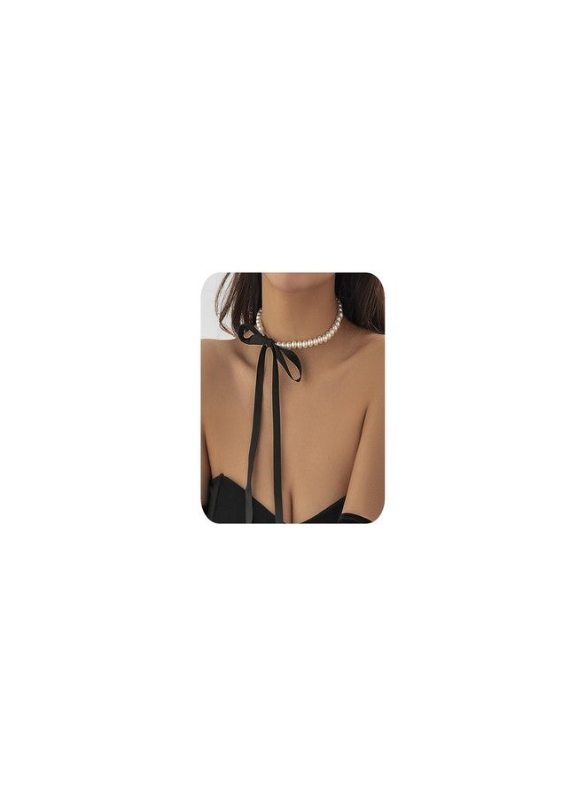 RECTYO GALLERY 1 Pcs Premium Elegant Boho Faux-Pearl Choker Necklace with Ribbon Bow Detail - A Trendy Beaded Necklace Jewelry for Women - Image 1