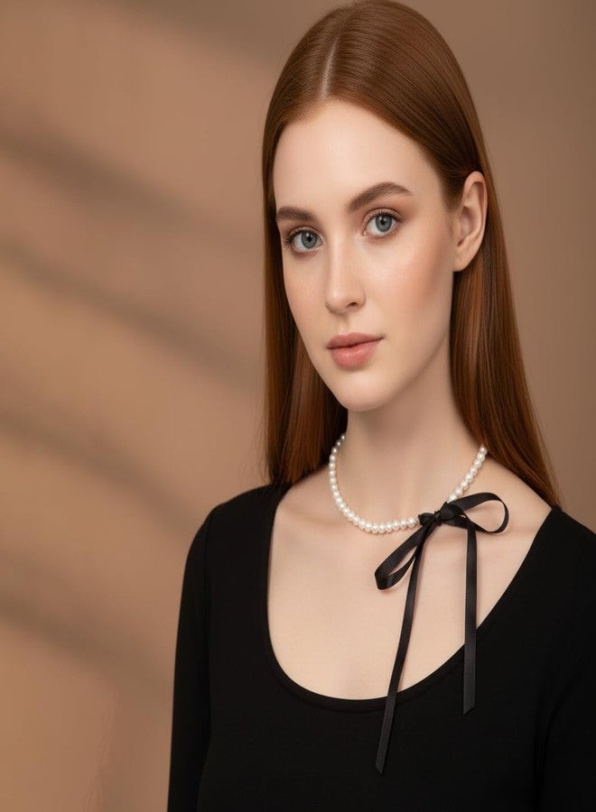 RECTYO GALLERY 1 Pcs Premium Elegant Boho Faux-Pearl Choker Necklace with Ribbon Bow Detail - A Trendy Beaded Necklace Jewelry for Women - Image 3