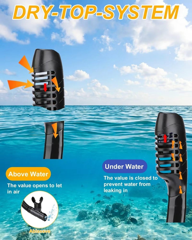 AQUA A DIVE SPORTS أكوا ايه ديف سبورتس انبوب تنفس جاف سهل التنفس للغطس والسباحة مع صمام تجفيف علوي وقطعة فم من السيليكون الامن غذائيا للبالغين والشباب - Image 1