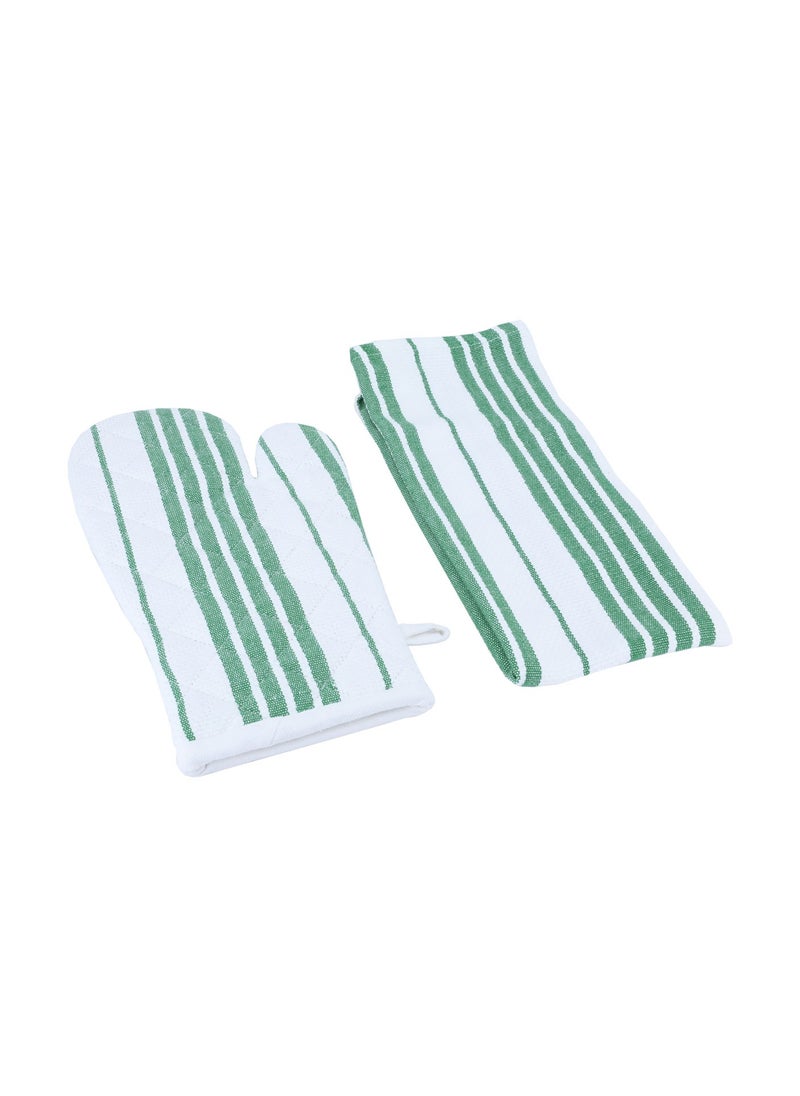 Alsaif Gallery Set (Towel + Apron + Gloves + Pot Holder), Green And White, 4 Pieces  - Image 1