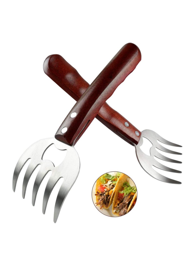 Excefore مخالب تمزيق اللحم من الفولاذ المقاوم للصدأ لتمزيق الدجاج المشوي، مخالب اللحم للشواء والتمزيق والسحب والتقديم مع مقبض خشبي طويل، خالية من BPA (2 قطعة) - Image 1