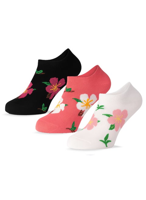 Sam Socks Set Of 3 Ankle Socks Women Flower Pattern Black, White And Pink