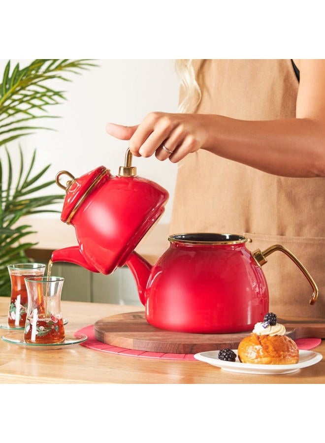Karaca Retro Enamel Teapot Set, Red, Suitable for Induction, Tea Maker, Kettle, Tea Infusion 1.1 L, Water Jug 2.3 L, Turkish Tea Kettle, Tea Maker, Caydanlik - Image 3