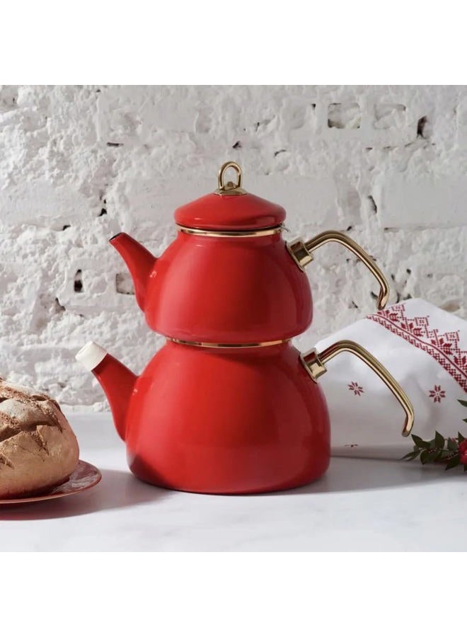 Karaca Retro Enamel Teapot Set, Red, Suitable for Induction, Tea Maker, Kettle, Tea Infusion 1.1 L, Water Jug 2.3 L, Turkish Tea Kettle, Tea Maker, Caydanlik - Image 4