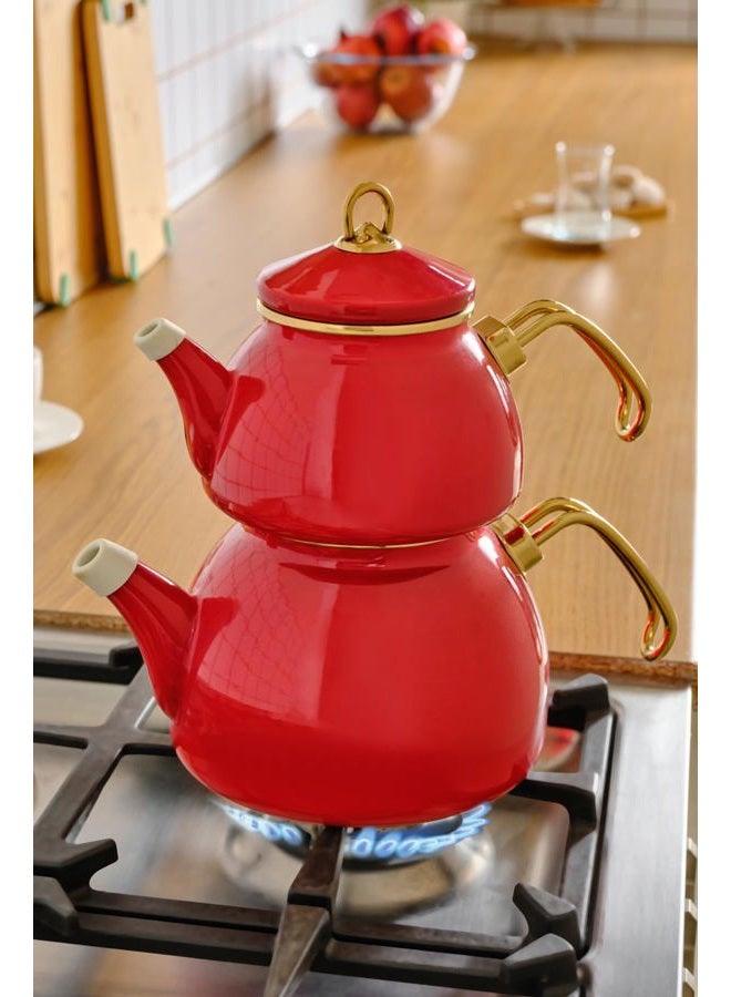 Karaca Retro Enamel Teapot Set, Red, Suitable for Induction, Tea Maker, Kettle, Tea Infusion 1.1 L, Water Jug 2.3 L, Turkish Tea Kettle, Tea Maker, Caydanlik - Image 5