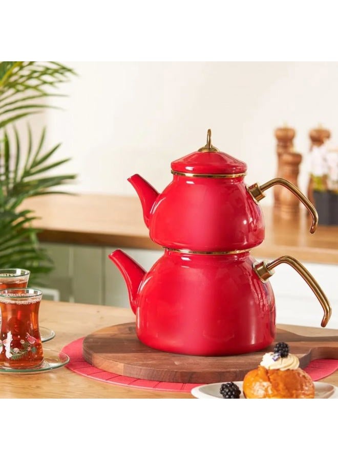 Karaca Retro Enamel Teapot Set, Red, Suitable for Induction, Tea Maker, Kettle, Tea Infusion 1.1 L, Water Jug 2.3 L, Turkish Tea Kettle, Tea Maker, Caydanlik - Image 2