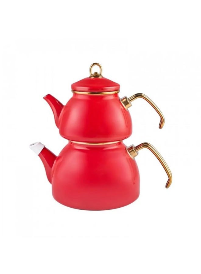 Karaca Retro Enamel Teapot Set, Red, Suitable for Induction, Tea Maker, Kettle, Tea Infusion 1.1 L, Water Jug 2.3 L, Turkish Tea Kettle, Tea Maker, Caydanlik - Image 1
