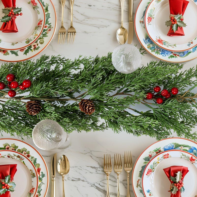 ENVEN Faux Cedar Christmas Garland with Red Berries Pine Cones Full Faux Winter Greenery for Holiday Mantel Staircase Doorway Indoor Outdoor Christmas Dcor 6FTDeluxe Cedar - Image 2