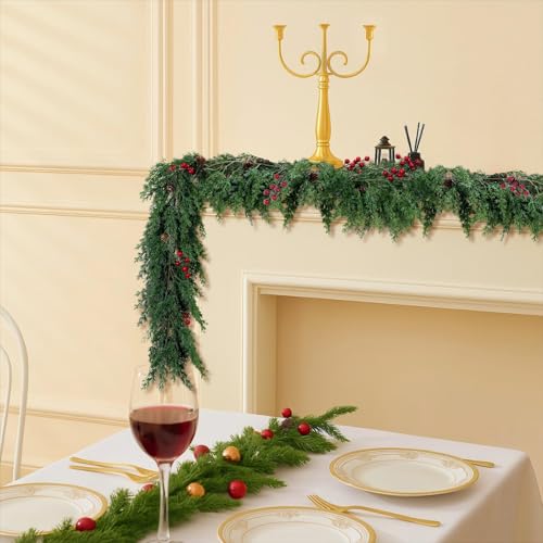 ENVEN Faux Cedar Christmas Garland with Red Berries Pine Cones Full Faux Winter Greenery for Holiday Mantel Staircase Doorway Indoor Outdoor Christmas Dcor 6FTDeluxe Cedar - Image 3