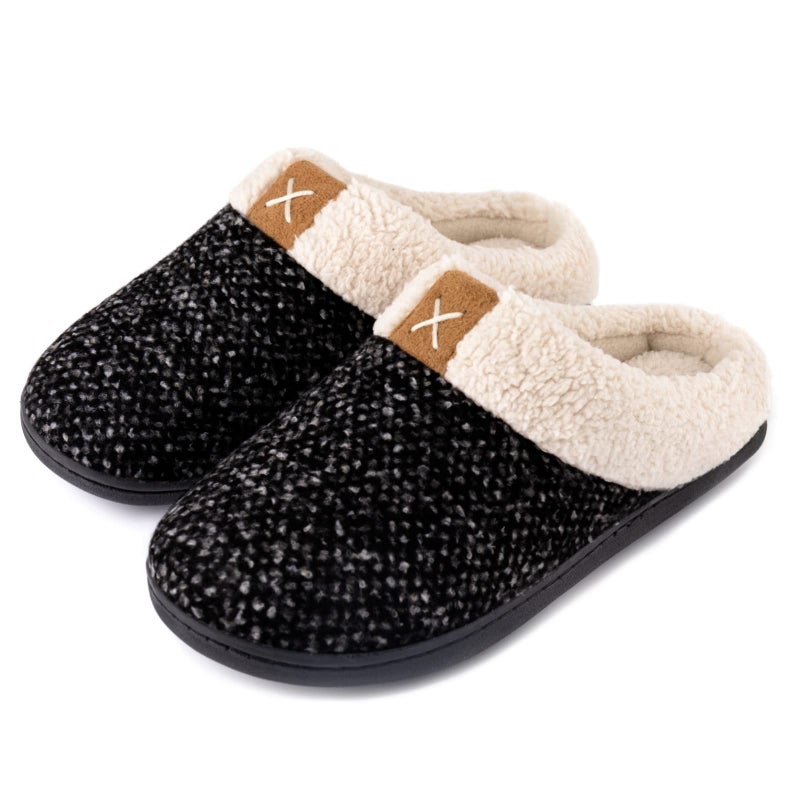 ULTRAIDEAS Women's Indoor Bedroom Slipper with Memory Foam, Gift for Women, Wool-Like House Shoe with Anti-Skid Rubber Sole for Ladies (11-12, Black) - Image 1