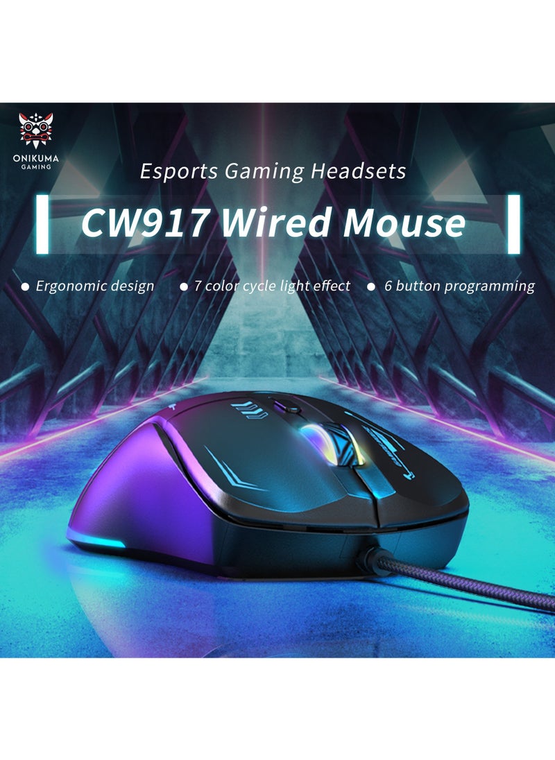 ماوس ألعاب CW917 بمستشعر بصري 3600 نقطة في البوصة قابل للتعديل ولون خفيف للغاية LED ماوس سلكي مريح لألعاب الكمبيوتر باللون الأسود