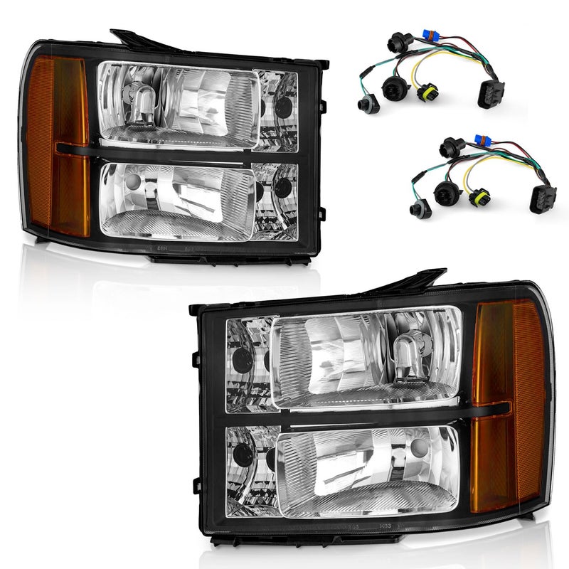 WEELMOTO Headlights for 20072013 Sierra Headlight for 0713 GMC Sierra 15000714 Sierra 2500 HD 3500 HD Headlamp Black Housing Amber Reflector LR wiring harness included