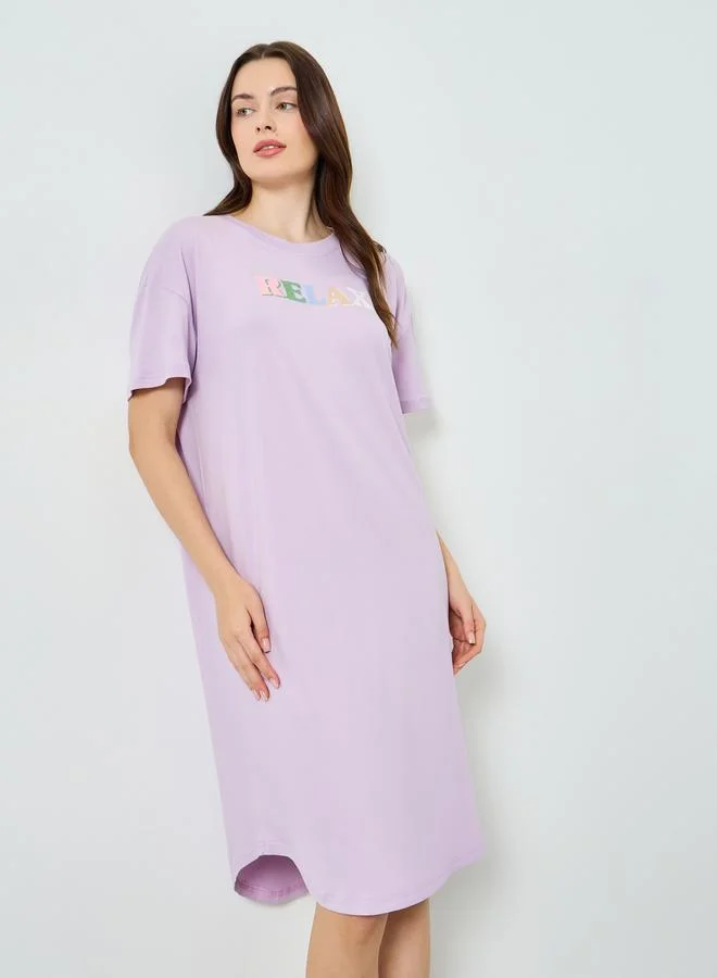 Styli Purple Printed Short Sleeve Nightdress