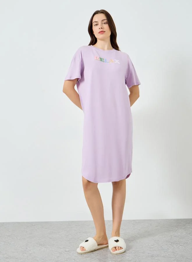 Styli Purple Printed Short Sleeve Nightdress