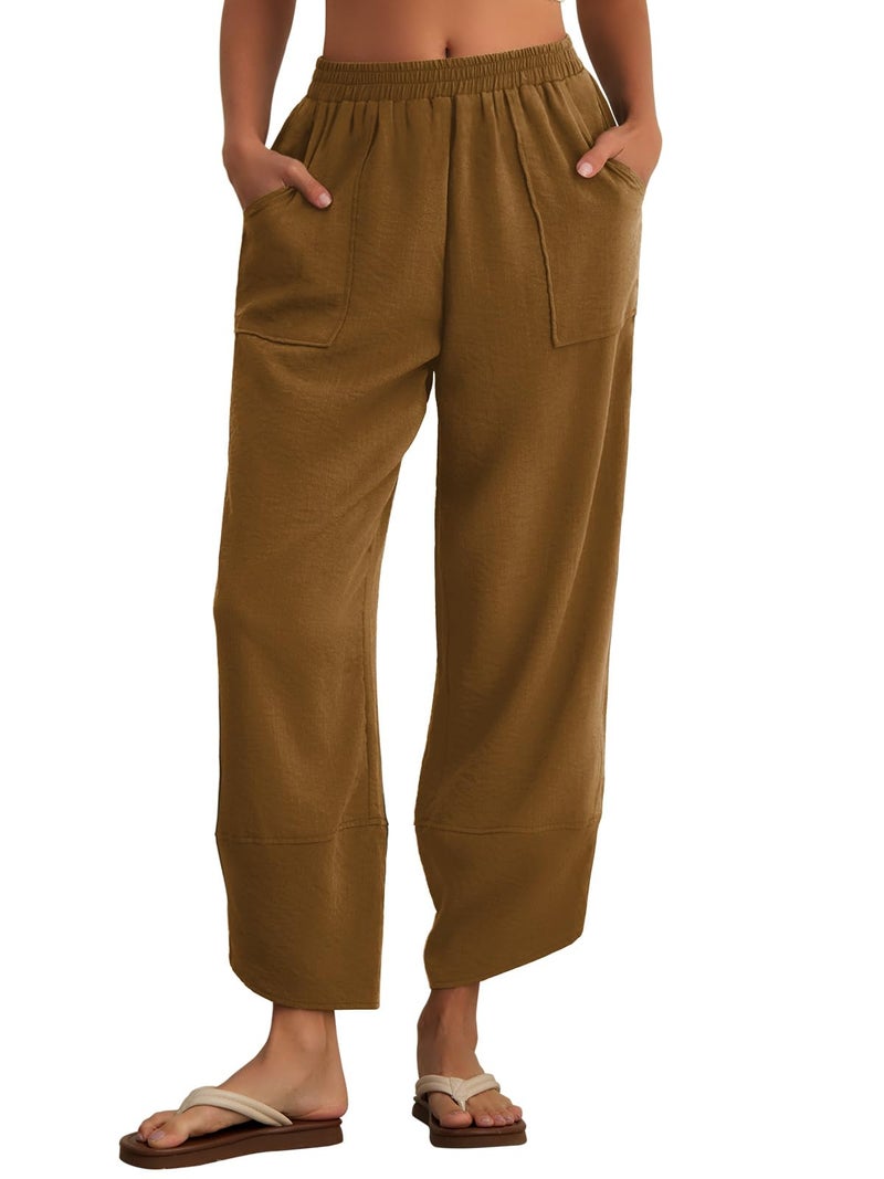 Feiersi Womens Baggy Wide Leg Pants Elastic Waisted Casual Palazzo Harem Pants Summer Beach Trousers(Khaki,Small) - Image 2