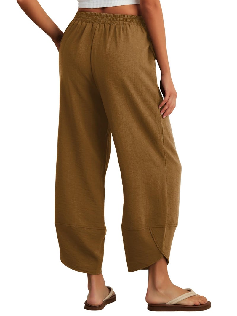Feiersi Womens Baggy Wide Leg Pants Elastic Waisted Casual Palazzo Harem Pants Summer Beach Trousers(Khaki,Small) - Image 5