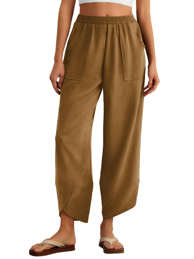 Feiersi Womens Baggy Wide Leg Pants Elastic Waisted Casual Palazzo Harem Pants Summer Beach Trousers(Khaki,Small) - Image 1