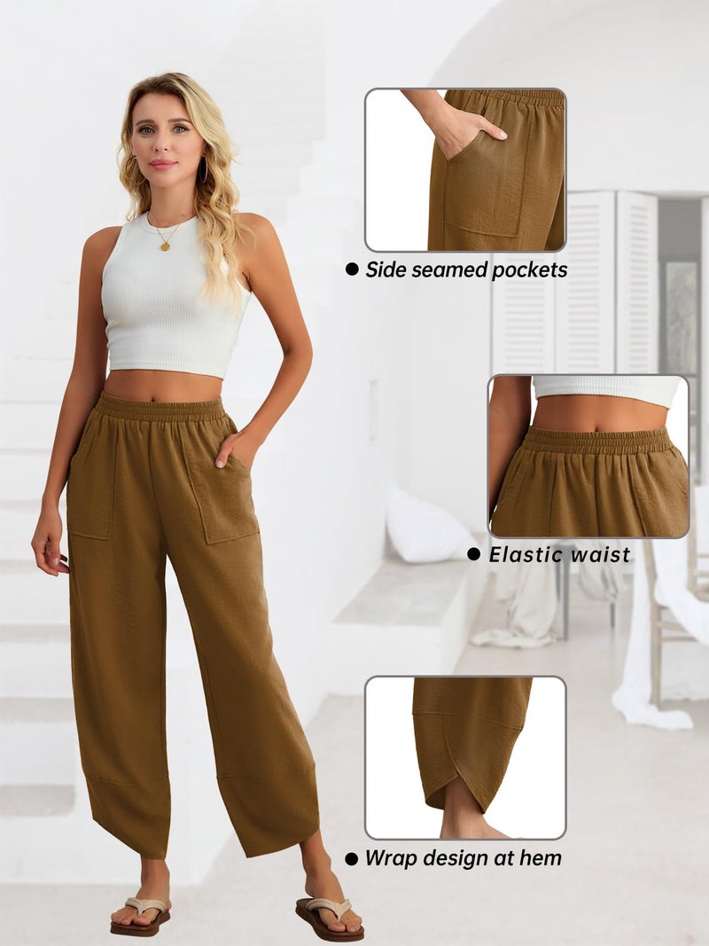 Feiersi Womens Baggy Wide Leg Pants Elastic Waisted Casual Palazzo Harem Pants Summer Beach Trousers(Khaki,Small) - Image 4