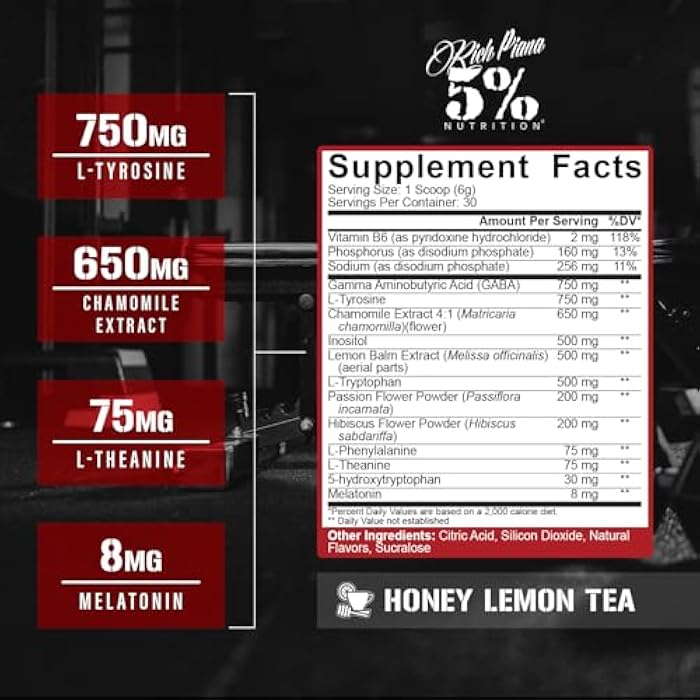 5% Nutrition Rich Piana Knocked Out Natural Sleep Aid Powder | Post-Workout Recovery & Deep Sleep Supplement | GABA, Melatonin, Chamomile, Tyrosine, 5-HTP, & More | 30 Servings (Honey Lemon Tea) - Image 2