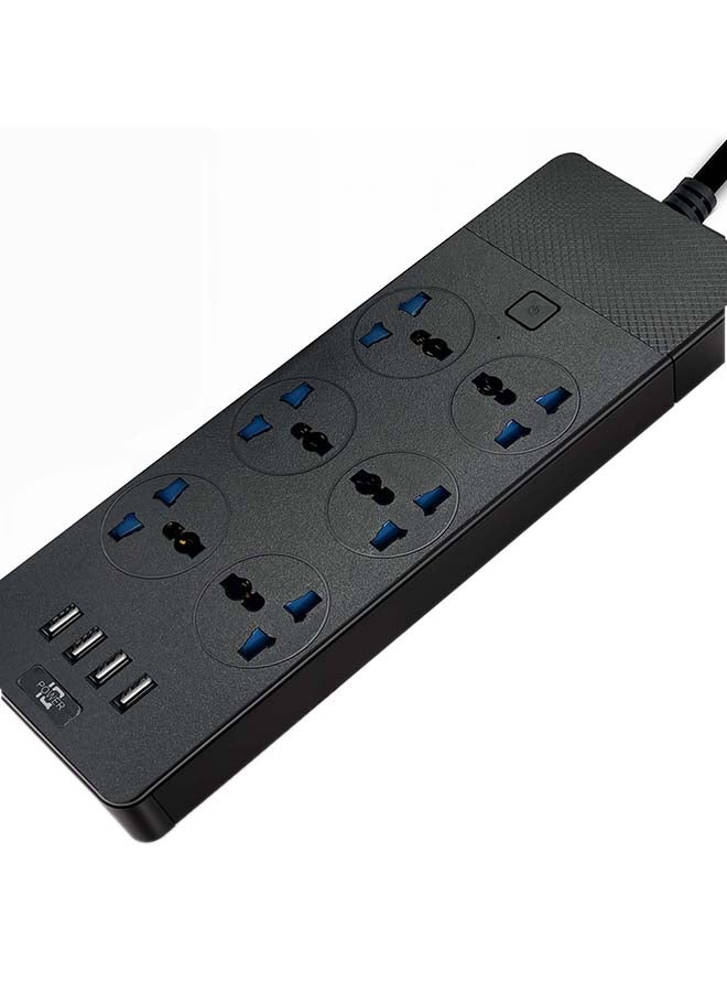 Power Strip Extension Cord with 6 Outlets, Universal Plug Adapter, 4 USB Ports, Surge Protector, and 2M Bold Extension Cord (Black) with Switch