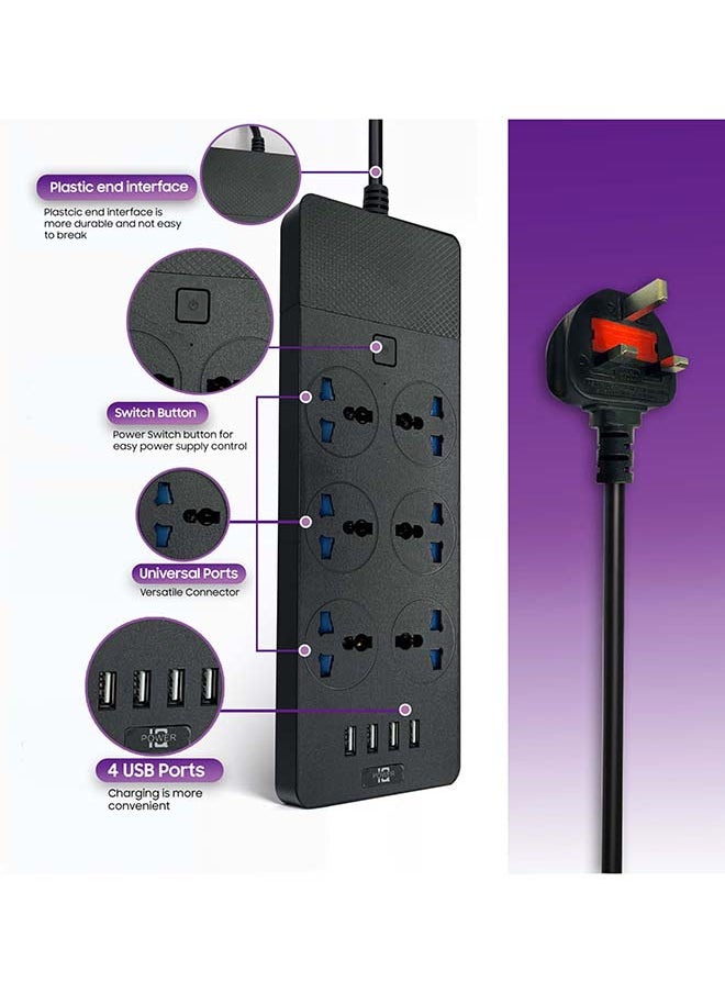 Unipower Power Strip Extension Cord with 6 Outlets, Universal Plug Adapter, 4 USB Ports, Surge Protector, and 2M Bold Extension Cord (Black) with Switch  - Image 3