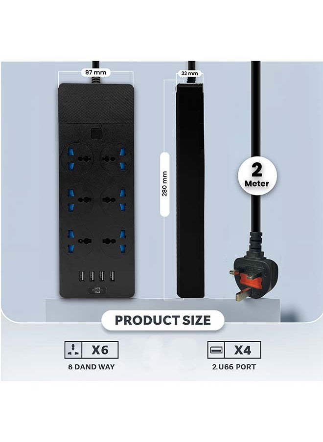 Unipower Power Strip Extension Cord with 6 Outlets, Universal Plug Adapter, 4 USB Ports, Surge Protector, and 2M Bold Extension Cord (Black) with Switch  - Image 4