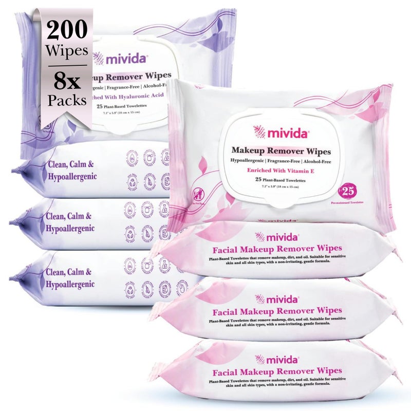 mivida 200 Count Hypoallergenic Makeup Remover Wipes Variety | 8 Packs x 25 Wipes | 4 Packs Vitamin E + 4 Packs Hyaluronic Acid | Dermatologist Tested, Alcohol & Fragrance-Free facial cleansing wipes - Image 1