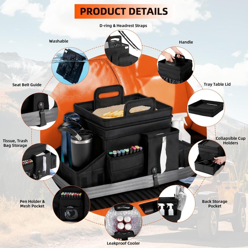 LUVHOMEE Foldable Car Organiser with Insulated Cool Box and Drink Holders - Image 5
