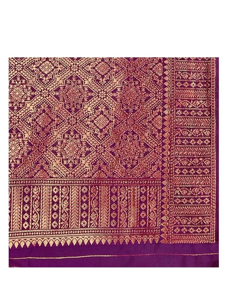 مملكة الإكسسوارات ساري حرير زاري نحاسي جاكار باناراسي نسائي مع قطعة بلوزة غير مخيطة (مقاس حر)  - Image 4