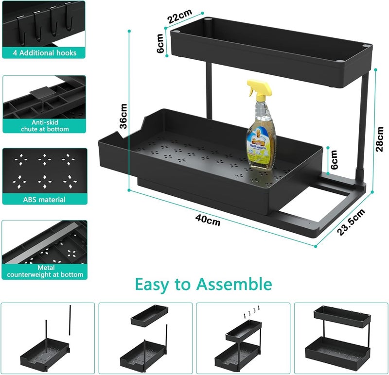 GALV storage under sink storage for bathroomabs 2 pack under sink organizer 2 tier storage under cabinet bathroom under sink organizersplastic under sliding shelfblack40 x 235 cm1 pcs - Image 2