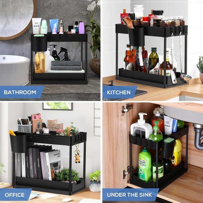 GALV storage under sink storage for bathroomabs 2 pack under sink organizer 2 tier storage under cabinet bathroom under sink organizersplastic under sliding shelfblack40 x 235 cm1 pcs - Image 4